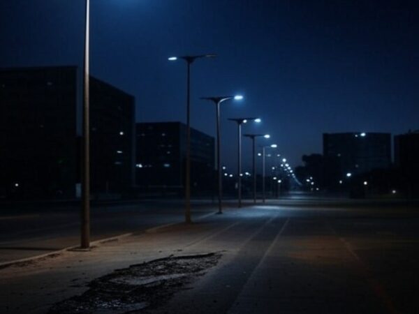 Rua noturna mal iluminada em Brasília, expondo riscos a pedestres devido a negligência na iluminação pública.