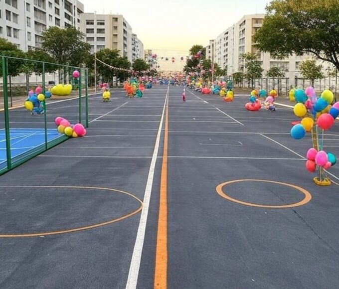 Rua de Lazer no Guará com decorações temáticas de férias e atividades gratuitas em Brasília.