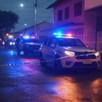 Cena de crime isolada com viaturas policiais no Guará II, DF, Brasil.