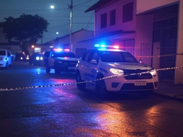Cena de crime isolada com viaturas policiais no Guará II, DF, Brasil.