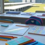 Materiais escolares sobre mesa em sala de aula em Brasília, representando depósito no Cartão Material Escolar do GDF para alunos.