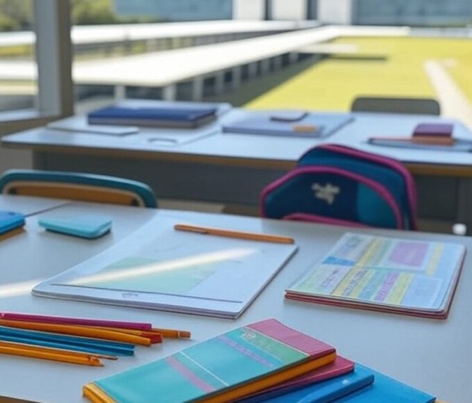Materiais escolares sobre mesa em sala de aula em Brasília, representando depósito no Cartão Material Escolar do GDF para alunos.