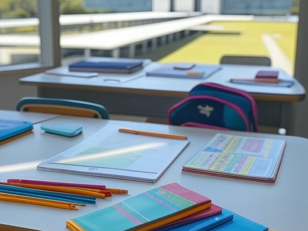 Materiais escolares sobre mesa em sala de aula em Brasília, representando depósito no Cartão Material Escolar do GDF para alunos.