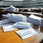 Edifício da Câmara Legislativa do DF com documentos e máscaras, simbolizando lei de quarentena para saúde com falhas e conflitos de interesse.