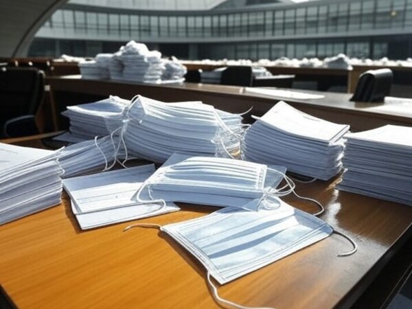 Edifício da Câmara Legislativa do DF com documentos e máscaras, simbolizando lei de quarentena para saúde com falhas e conflitos de interesse.