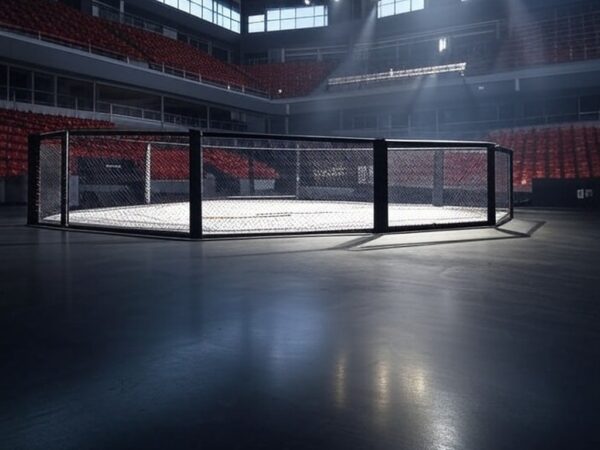 Arena em Brasília preparada para evento de MMA, com octógono e bandeiras do Brasil e DF.