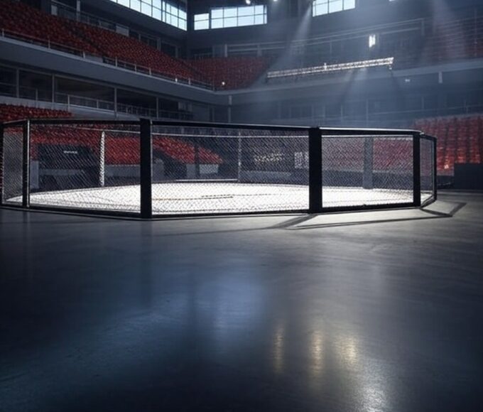 Arena em Brasília preparada para evento de MMA, com octógono e bandeiras do Brasil e DF.