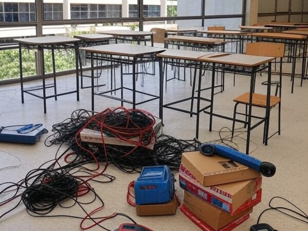 Sala de aula em escola de Brasília com equipamentos de robótica desorganizados, ilustrando lei sem planejamento aprovada pela CLDF.