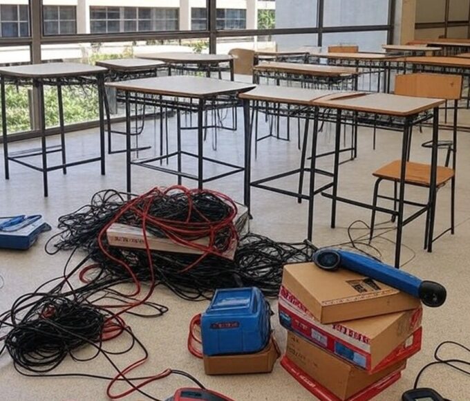 Sala de aula em escola de Brasília com equipamentos de robótica desorganizados, ilustrando lei sem planejamento aprovada pela CLDF.