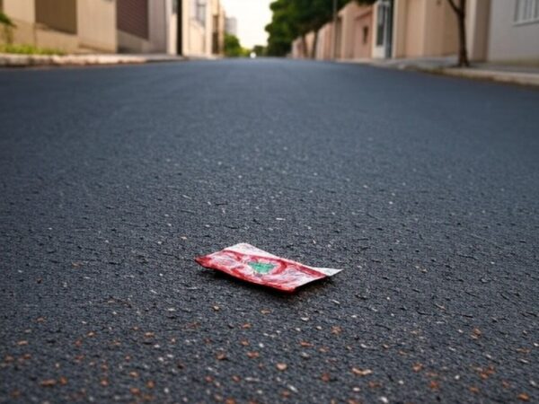 Rua residencial em Vicente Pires com embalagem de chiclete no chão, representando incidente de agressão.
