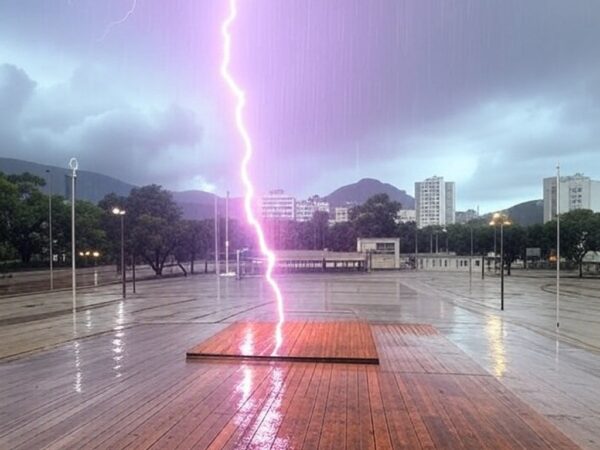 Raio atingindo palanque em ato político em Belo Horizonte, causando pânico, com tempestade e chuva forte.