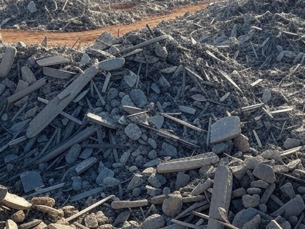 Escombros do Torre Palace Hotel após implosão em Brasília, com máquinas iniciando limpeza de destroços.