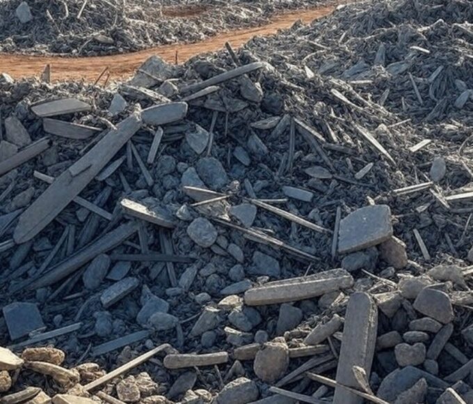 Escombros do Torre Palace Hotel após implosão em Brasília, com máquinas iniciando limpeza de destroços.