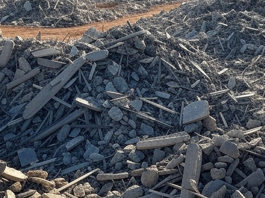 Escombros do Torre Palace Hotel após implosão em Brasília, com máquinas iniciando limpeza de destroços.