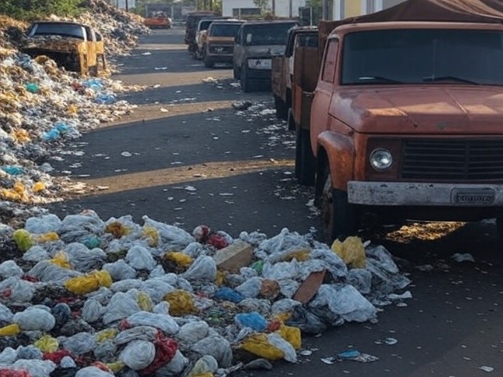 Rua no Gama com lixo acumulado, caminhões estacionados e sinais de pragas urbanas, destacando caos sem ação das autoridades.