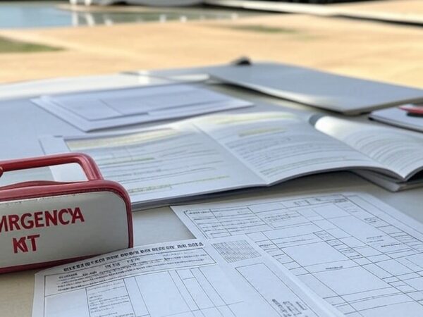 Mesa com formulários de concursos no DF e kit de primeiros socorros, simbolizando nova lei complicadora.