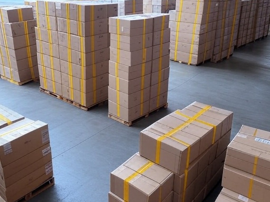 Armazém em Brasília com caixas de mercadorias apreendidas por auditores contra sonegação fiscal.