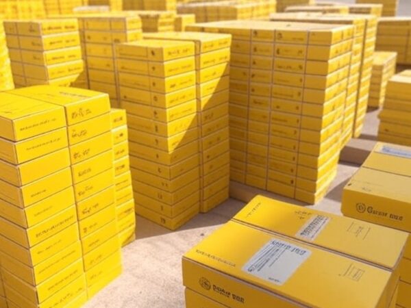 Caixas de vacinas contra febre amarela em centro de distribuição no Distrito Federal, Brasil.