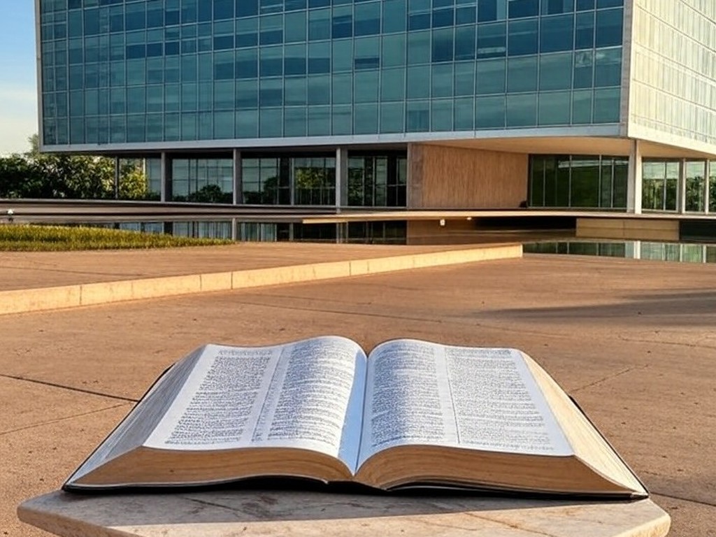 Edifício da CLDF em Brasília com Bíblia aberta, representando reconhecimento como patrimônio e debate sobre laicidade.