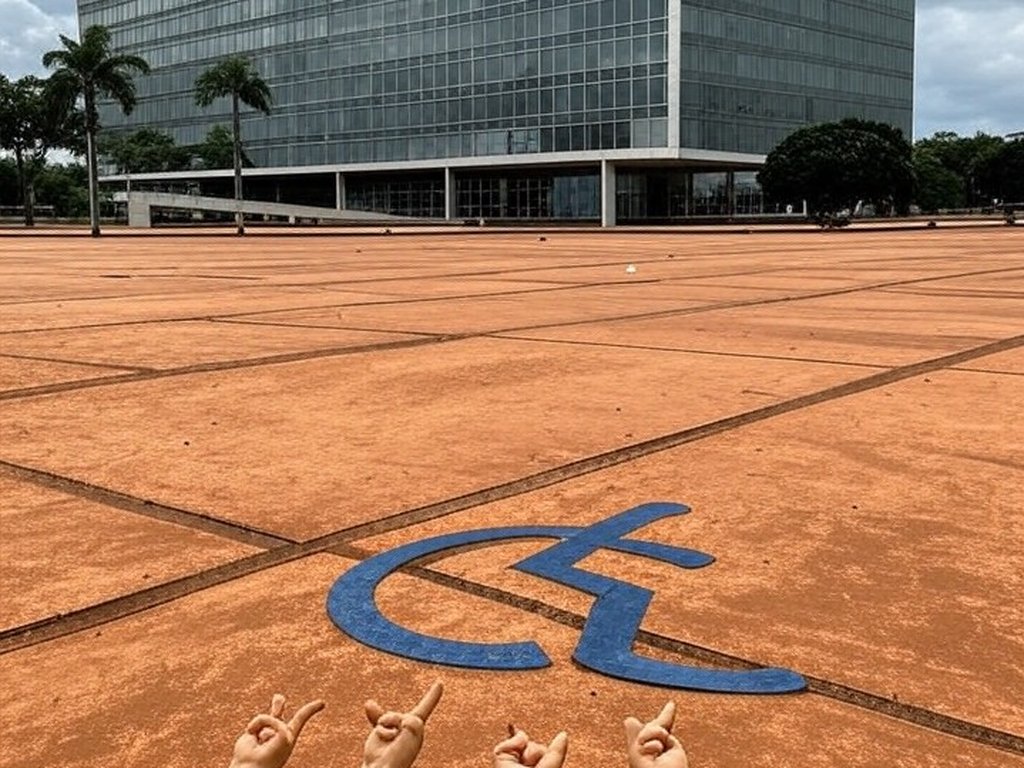 Edifício da CLDF em Brasília sob céu nublado, com símbolos de Libras representando reconhecimento tardio e negligência no DF.
