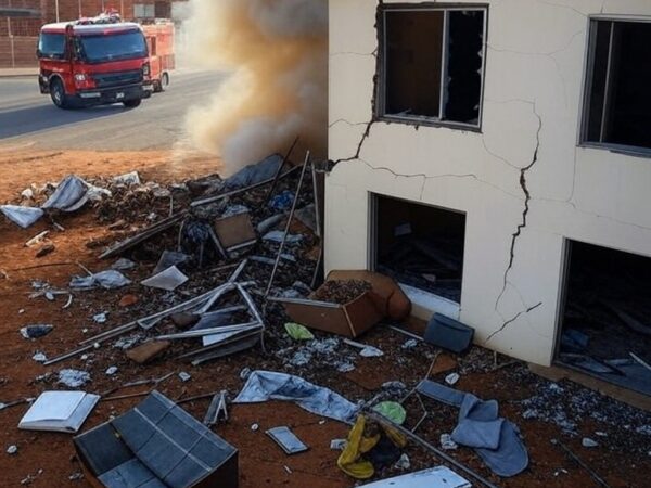 Casa danificada por explosão de botijão de gás em Ceilândia, com fumaça, destroços e viatura de bombeiros ao fundo.