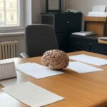 Consultório médico brasileiro com modelo de cérebro e itens simbolizando demência, em ambiente realista.