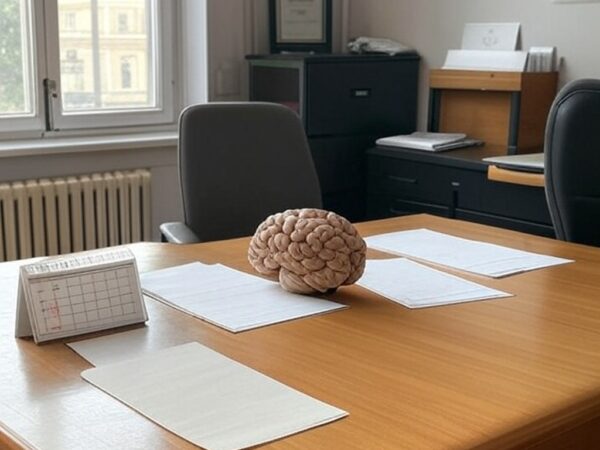 Consultório médico brasileiro com modelo de cérebro e itens simbolizando demência, em ambiente realista.