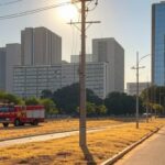 Vista de Brasília sob onda de calor, com postes elétricos e viatura do CBMDF, alertando para risco de incêndios.