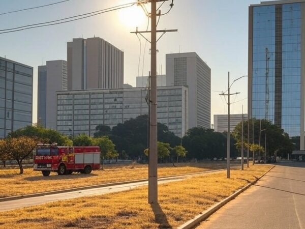 Vista de Brasília sob onda de calor, com postes elétricos e viatura do CBMDF, alertando para risco de incêndios.