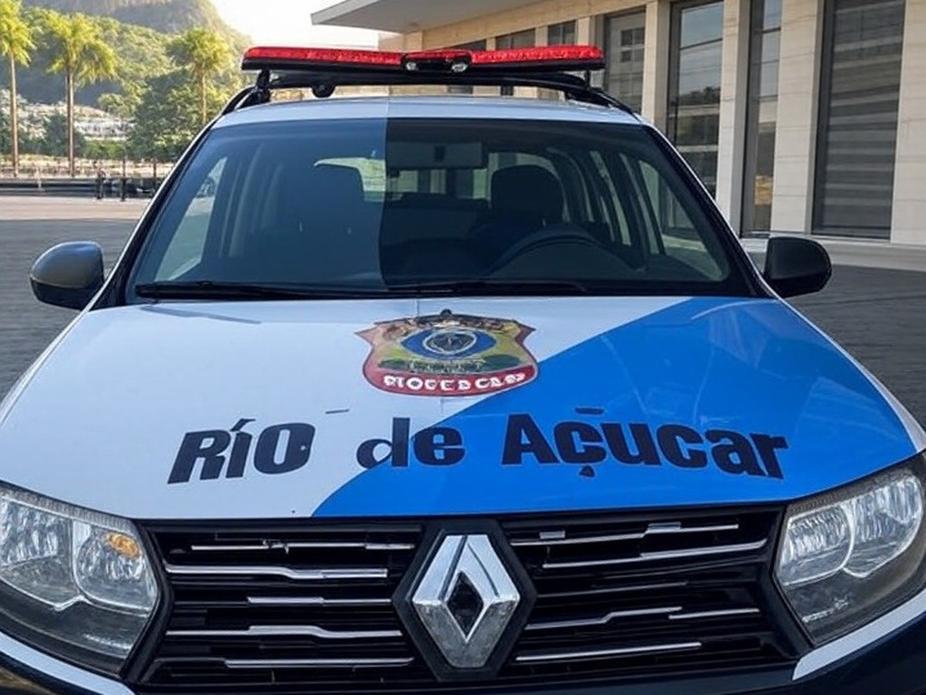 Viatura da Polícia Federal em frente a prédio oficial no Rio de Janeiro, com Pão de Açúcar ao fundo.