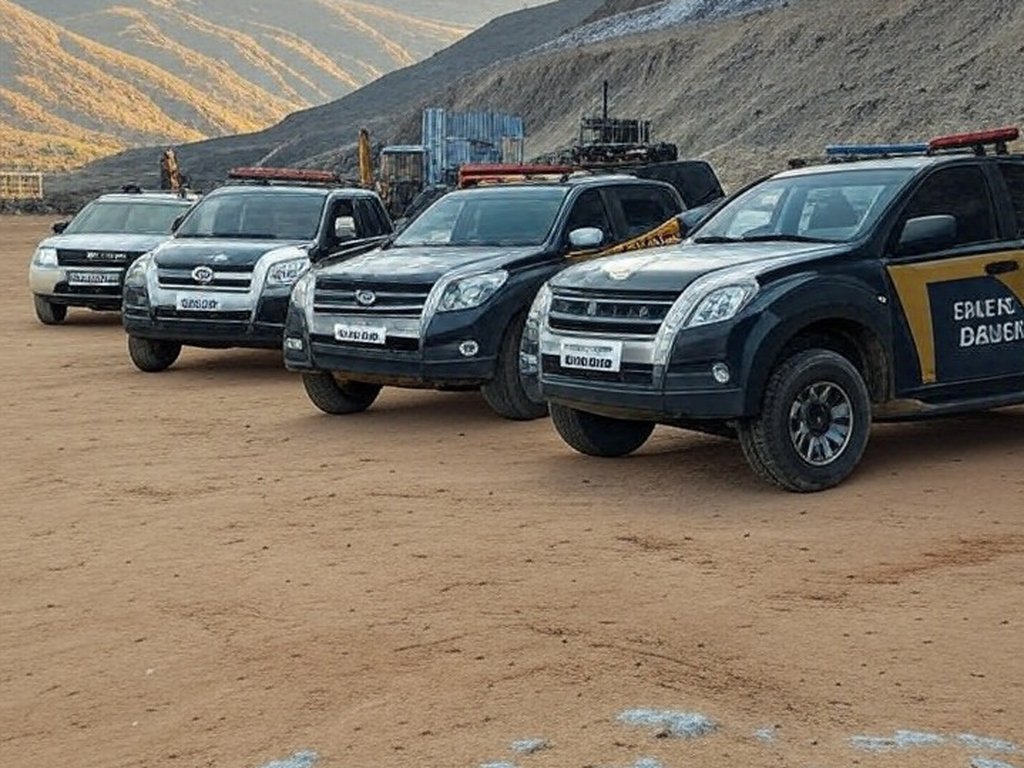 Viaturas da Polícia Federal em operação contra fraudes em licitações da ANM, em área de mineração no Brasil.