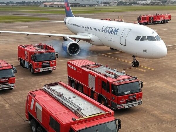 Avião da Latam em pouso de emergência no aeroporto de Ribeirão Preto após explosão de bateria, com veículos de emergência ao redor.