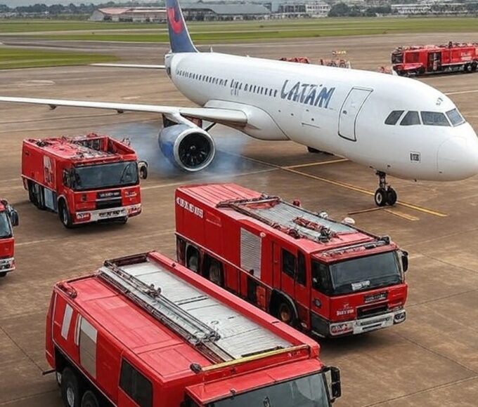 Avião da Latam em pouso de emergência no aeroporto de Ribeirão Preto após explosão de bateria, com veículos de emergência ao redor.