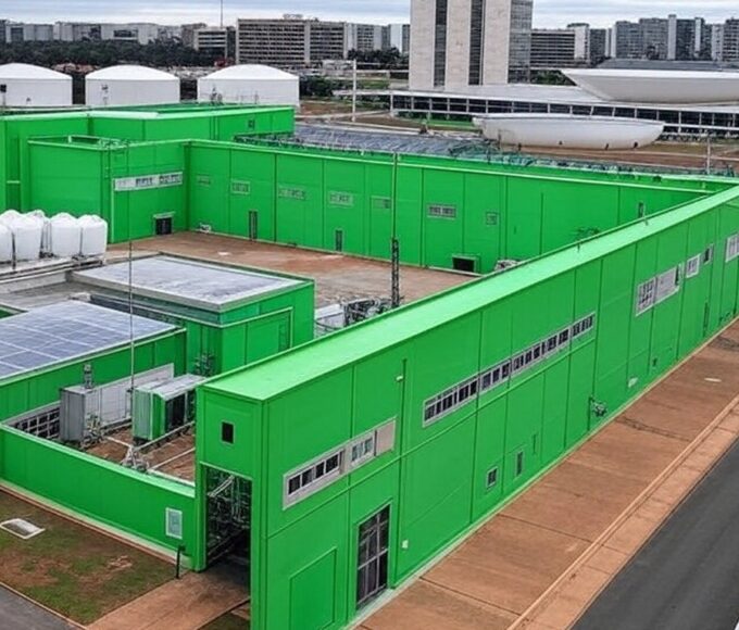 Instalação de hidrogênio de baixa emissão em Brasília, com Congresso Nacional ao fundo, destacando lei tardia e críticas por ineficácia.