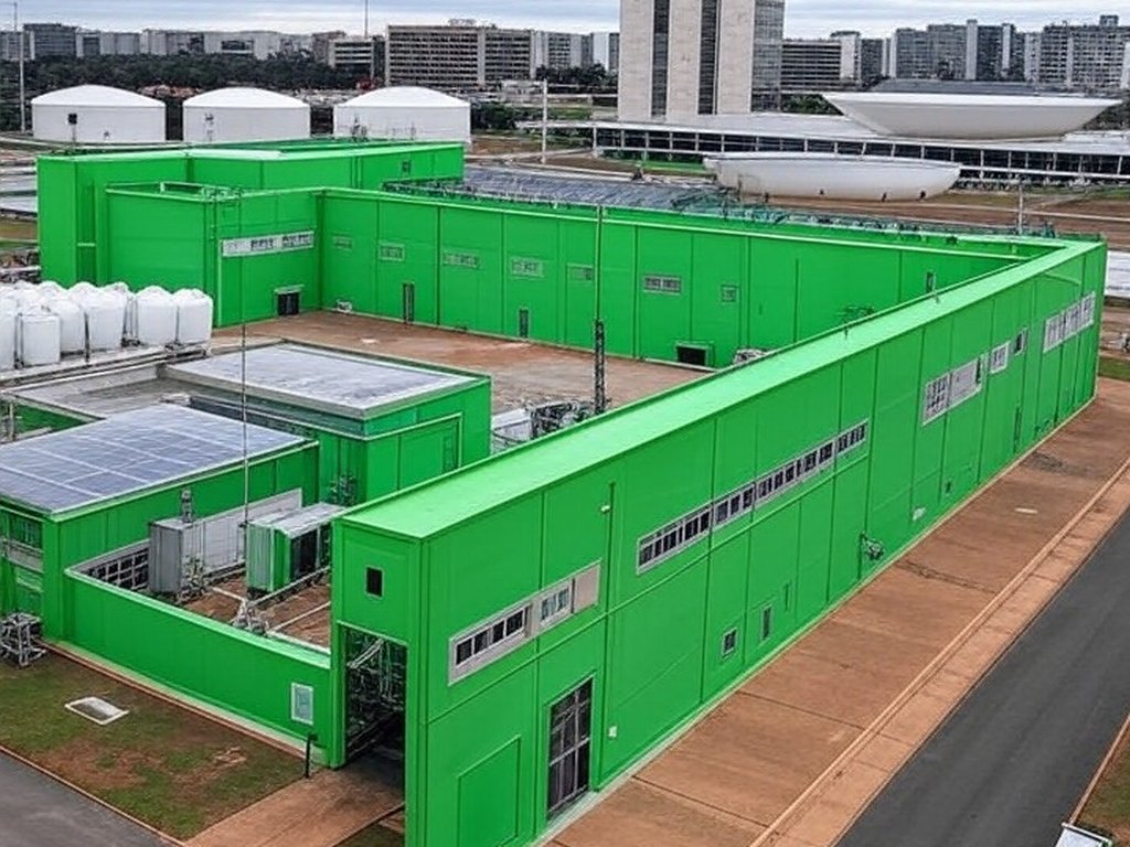 Instalação de hidrogênio de baixa emissão em Brasília, com Congresso Nacional ao fundo, destacando lei tardia e críticas por ineficácia.