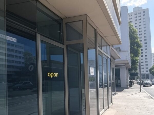 Fachada de agência bancária no Brasil reabrindo com portas abertas e sinal de funcionamento após feriados.