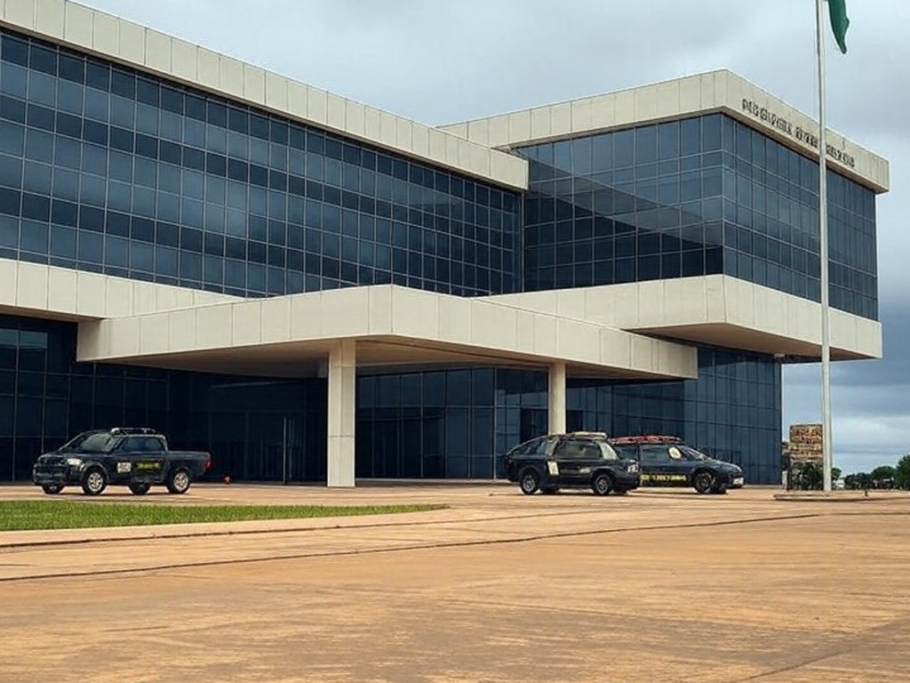 Sede da Polícia Federal em Brasília com viaturas, representando ordem ignorada por Eduardo Bolsonaro nos EUA.