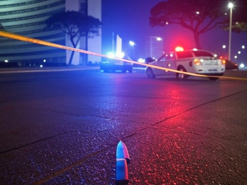 Cena de crime isolada em rua de Brasília, com fita policial e faca no chão, representando briga fatal no Distrito Federal.