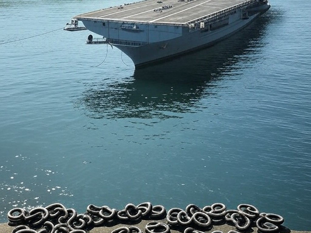 Navio militar americano USS Iwo Jima com algemas no deck, próximo à costa brasileira, representando foto divulgada por Trump de Maduro algemado.