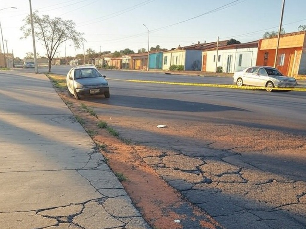 Rua em Ceilândia com marcas de arrasto no asfalto e carro abandonado, representando agressão e fuga de agressor.