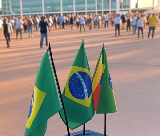 Manifestação em Brasília contra intervenção dos EUA na Venezuela, com bandeiras e arquitetura brasileira.