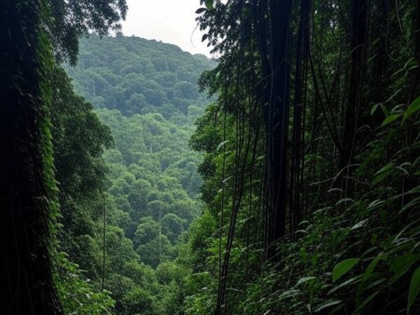 Mata densa em Biguaçu, Santa Catarina, onde corpos de jovens mineiros foram encontrados, com vegetação típica da região.