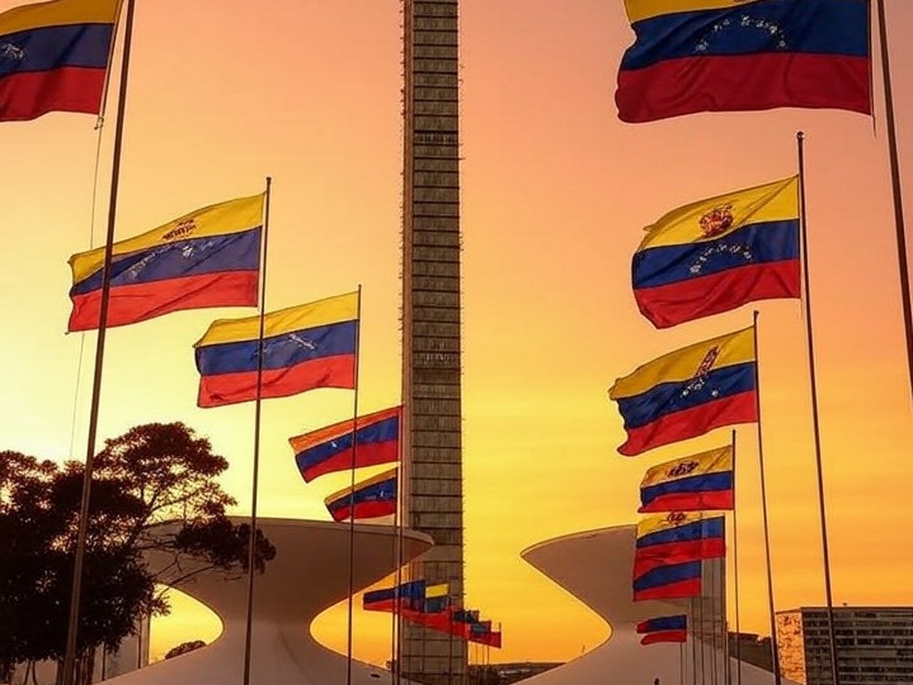 Torre de TV em Brasília com bandeiras venezuelanas, representando celebração de exilados pela prisão de Maduro.