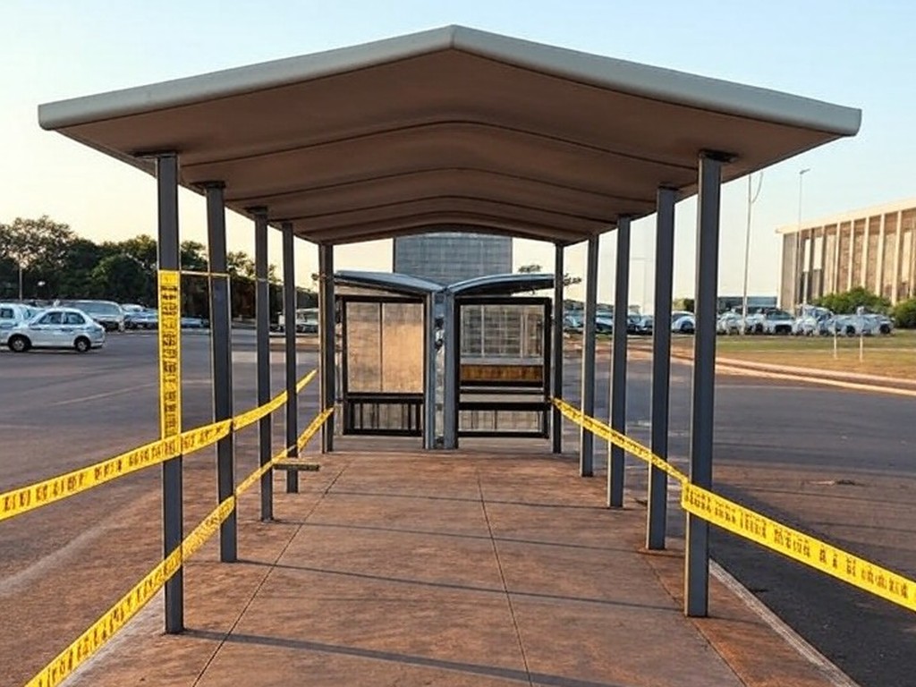 Parada de ônibus isolada com fitas policiais no Distrito Federal, Brasil, em cena de investigação.