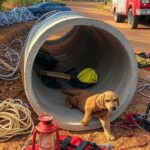 Equipamentos de resgate de bombeiros do DF ao redor de tubulação no Lago Norte, com filhote de cachorro sendo salvo.