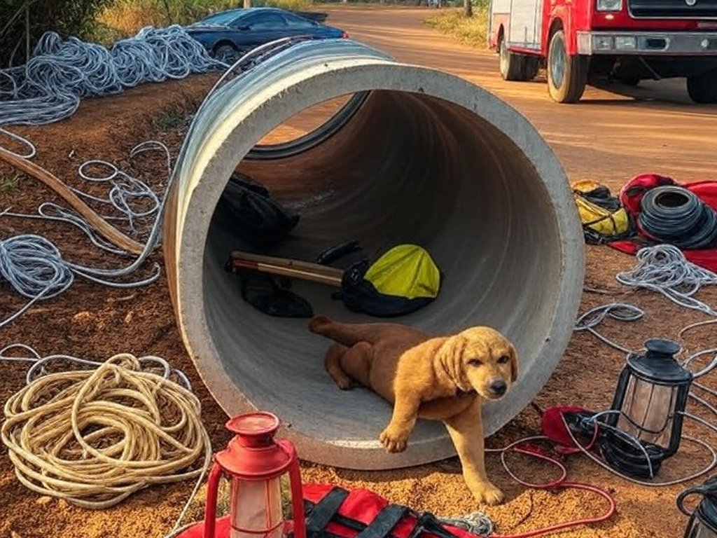 Equipamentos de resgate de bombeiros do DF ao redor de tubulação no Lago Norte, com filhote de cachorro sendo salvo.