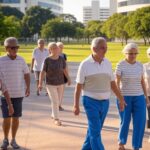 Centro de convivência para idosos em Brasília, com arquitetura moderna e atividades ao fundo.