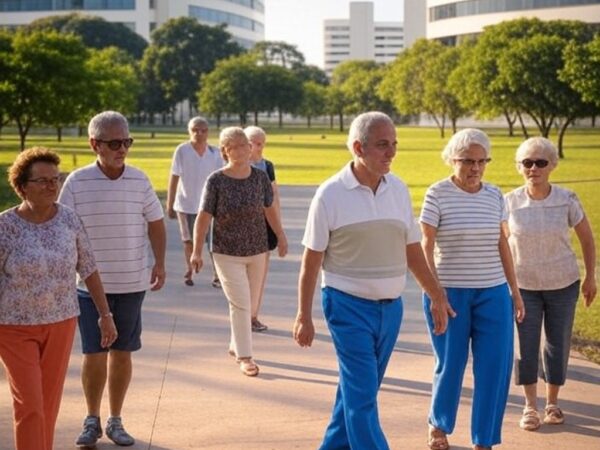 Centro de convivência para idosos em Brasília, com arquitetura moderna e atividades ao fundo.
