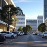 Rua em Brasília com carros e prédios governamentais, ilustrando edital do IPVA 2026 do GDF com valores, prazos e descontos.