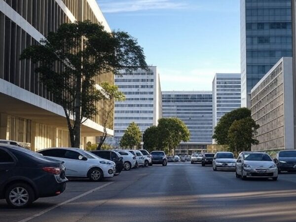 Rua em Brasília com carros e prédios governamentais, ilustrando edital do IPVA 2026 do GDF com valores, prazos e descontos.